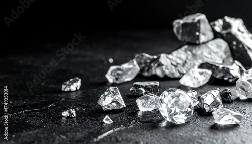 Sparkling gems and mineral fragments resting on a dark, textured surface