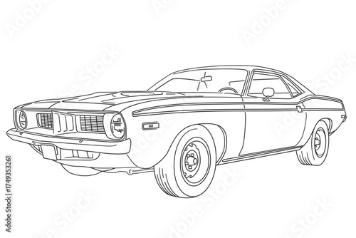 Vintage American Muscle Car from 1972 low angle semi-frontal view lineart