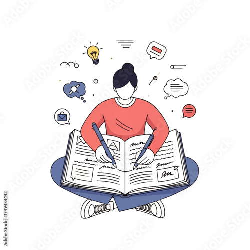 A person sits cross-legged, writing in a large open book, surrounded by thought bubbles.