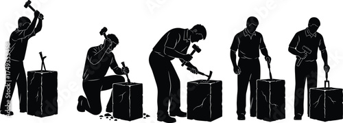 Stone Sculpting Worker Silhouettes – Chiseling Process, Hammer Action, Block Transformation, Manual Labor, Persistence, Craftsmanship, Creation Journey, Industrial Effort