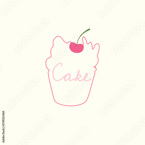 Minimalist cupcake outline with “CAKE” text. Simple linear vector design suitable for logo, cafe menu, bakery branding, packaging, or T-shirt print.