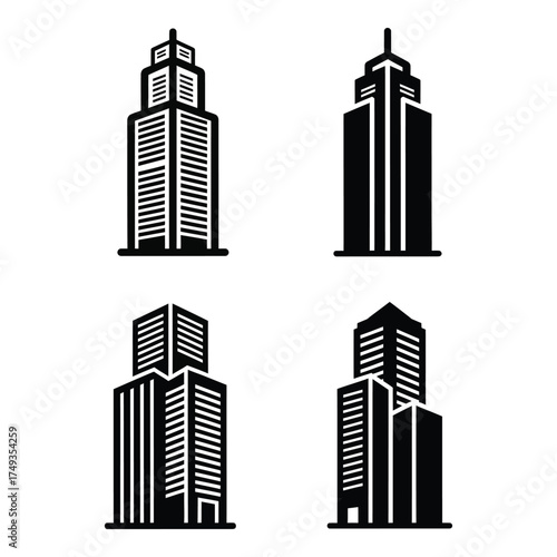Collection of four modern skyscraper icons representing urban architecture and cityscape development designs silhouette