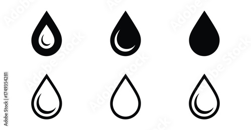 Set of Water Droplet Icons – Black and Outline Variants with Highlight Styles for Liquid, Nature, Environment, and Minimalist Design Themes