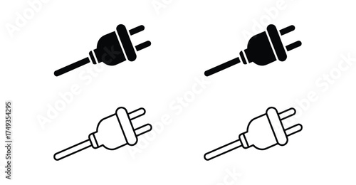 Set of Electrical Plug Icons – Black Silhouettes and Outline Variants Depicting Power Connection for UI, Tech, and Educational Design