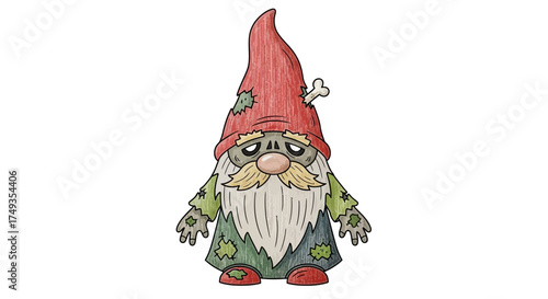 Cute Zombie Garden Gnome Character with Red Hat and Bone. Distressed Undead Dwarf or Elf Figure. Hand-Drawn Color Pencil Style Vector Illustration Isolated on White.


