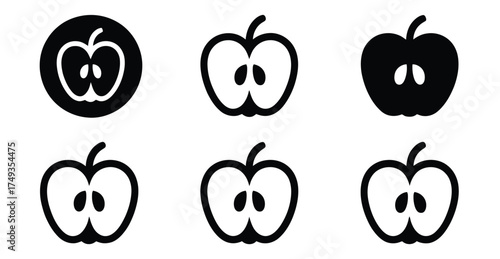 Set of Stylized Apple Icons – Black and White Cross-Section Variants with Seeds for Food, Health, Nature, and Minimalist Design Themes