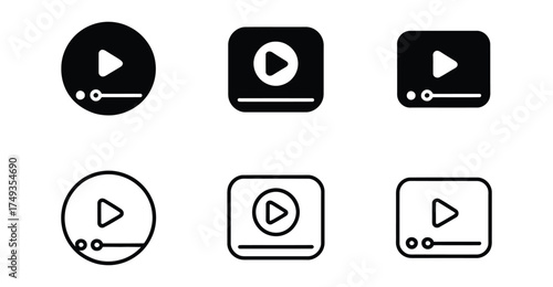 Set of Video Play Icons with Progress Bars – Black and Outline Variants in Circular and Rounded Shapes for UI, Media, and App Design