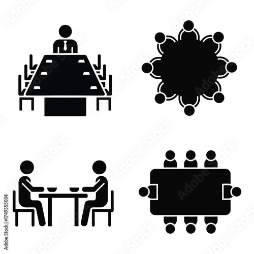 Diverse meeting room setups collection featuring conference tables boardrooms and individual seating arrangements silhouette