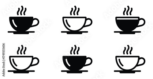  Set of six black and white steaming coffee cup icons on saucers, ideal for café branding, beverage design, and cozy lifestyle visuals