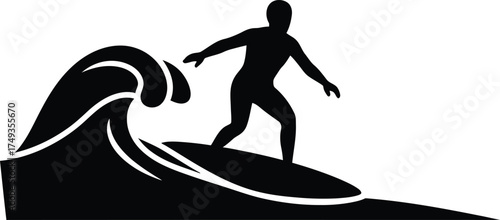 Silhouette of a surfer riding a large wave on a surfboard in a dynamic action pose
