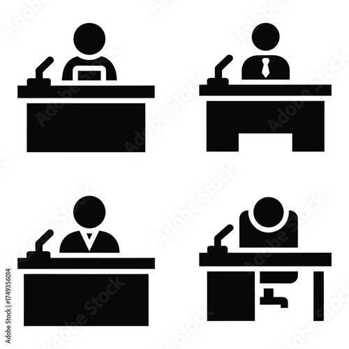 Four silhouette icons depicting speakers at podium with microphones presenting information and ideas digitally silhouette