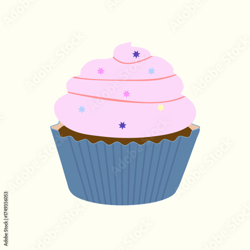 Cute cupcake with cream frosting and sprinkles. Sweet dessert vector illustration for bakery design, menu, or packaging.