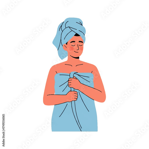 Woman with a towel wrapped around her body and head, eyes closed, in a moment of relaxation.