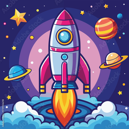 Cartoon Rocket Launching Into Space with Planets and Stars Illustration