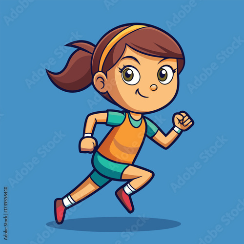 Cartoon girl running cheerfully in sportswear against a blue background