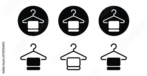 Set of six hanger with towel icons in solid and outline styles—ideal for laundry, bathroom, organization, cleaning, and home decor visuals