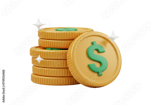 Stack of gold coins with green dollar sign PNG isolated, wealth and investment concept for finance and business
