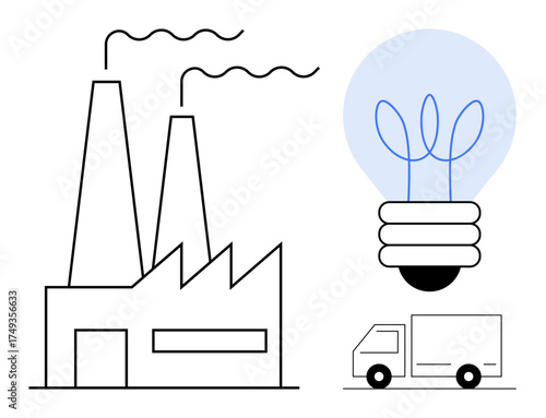 Factory emitting smoke, eco-friendly light bulb, delivery truck symbolizing production, innovation, and logistics. Ideal for sustainability, industry, energy, innovation technology logistics