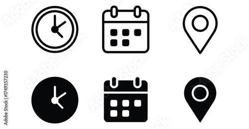 Set of six icons—clock, calendar, and location pin in solid and outline styles—ideal for scheduling, navigation, and digital interfaces