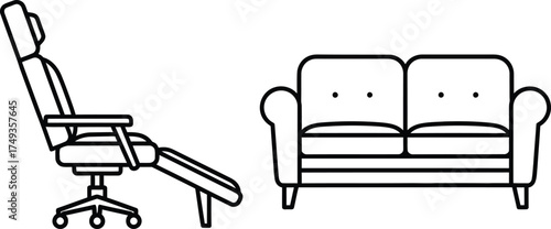 Simple line art illustration of a reclining chair and a two seater sofa on a white background