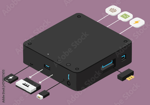 A sleek, black AI mini PC is showcased with connection icons. Modern, minimalist design. Ideal for tech, innovation, and smart home visuals.