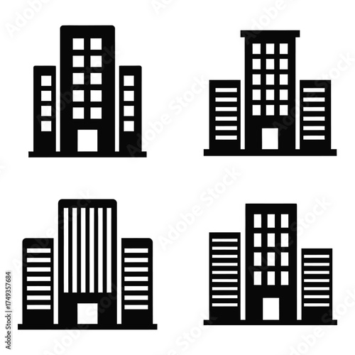 Set of four black silhouette buildings office towers cityscape architecture icons business property development high rise structures silhouette