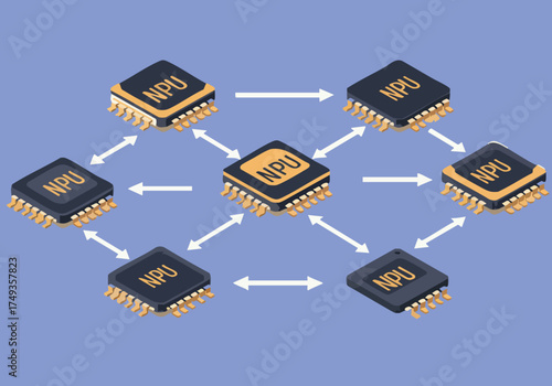 A stylized graphic depicts interconnected NPUs, representing NPU Power. Arrows illustrate data flow, showcasing a modern, technological concept. Clean, geometric design.