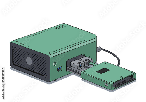 A stylized illustration showcases a green smart SSD enclosure with an attached internal SSD drive. Clean, modern design with clear connectors. Ideal for tech and storage concepts.