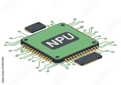 A stylized green NPU chip illustration with circuit pathways. Modern tech design, clean and professional. Ideal for digital marketing and technology concepts.
