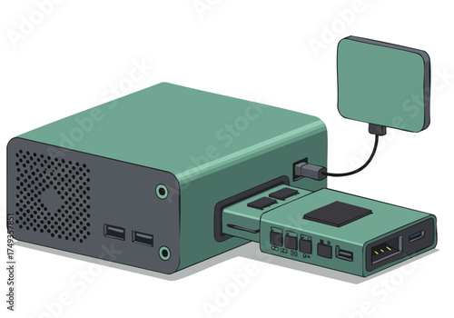 A stylized illustration showcases a green SSD tech unit connected to a tablet displaying a circuit board design. Modern, tech-focused, and visually appealing for digital marketing.