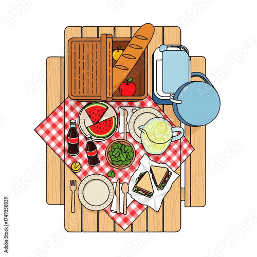 Overhead view of picnic table set with food, drinks, and a basket.