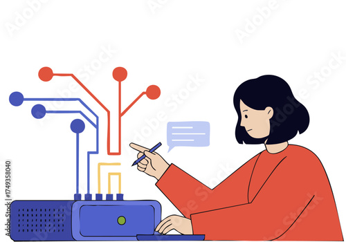 A woman interacts with a computer system, represented by a circuit diagram, suggesting PC maintenance. Modern, clean illustration style.