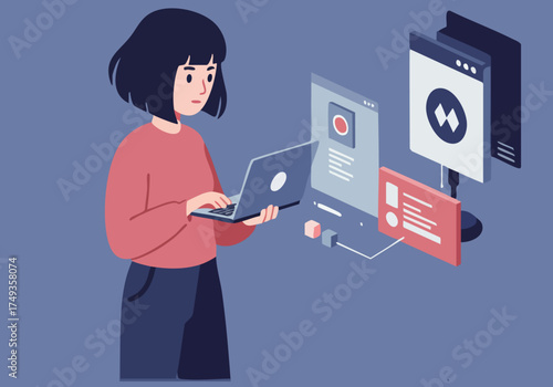A woman uses Oversee AI on her laptop, visualizing data and a server. Modern, digital concept illustration. Clean, professional design.