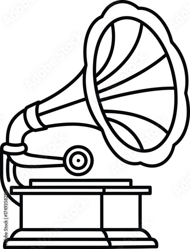 Simple outline drawing of a vintage gramophone phonograph player on a white background