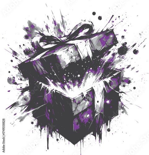  A vibrant, splattered paint gift box with a satin ribbon creates a dynamic, modern vibe. Ideal for celebrations, gifts, and bold, creative campaigns needing energetic visual impact