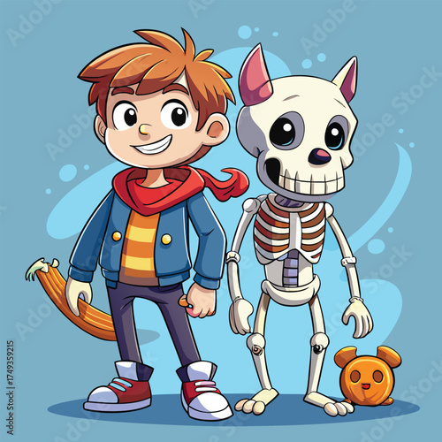 Cartoon Boy and a friendly skeleton standing together cheerfully smiling