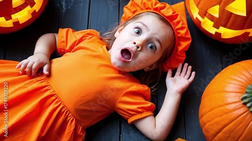 A young caucasian girl wearing an orange pumpkin-themed dress, lies on the floor surrounded by carved pumpkins, expressing surprise.