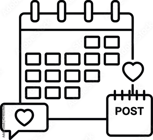 Social media content planning calendar with likes and posts scheduled for success