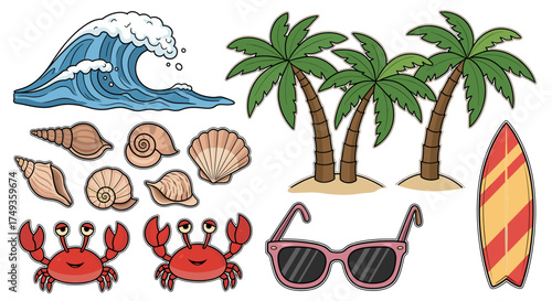 A vibrant collection of summer and beach-themed cartoon illustrations including ocean waves, seashells, crabs, palm trees, sunglasses, and a surfboard.