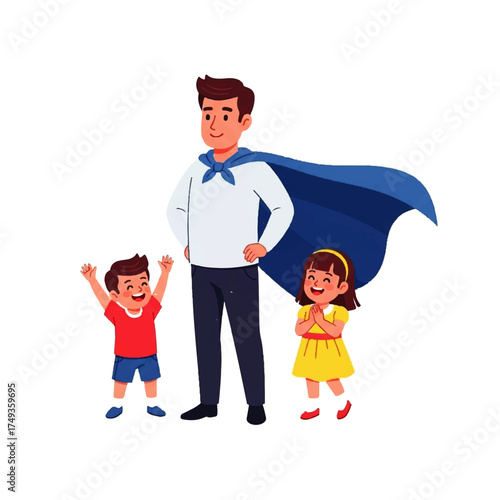 Cartoon illustration of a father wearing a superhero cape with his son and daughter, all smiling.