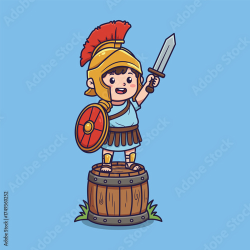 Cute Cartoon Roman Soldier Child Holding Sword and Shield . Vector Illustration of Whimsical Historical Hero Scene