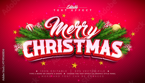 Merry Christmas Text Effect Design Editable Vector Graphic Style with Red 3D Typography Lettering and Ornaments on Red Background. Winter Holiday Scalable Illustration Template for Greeting Card Flyer