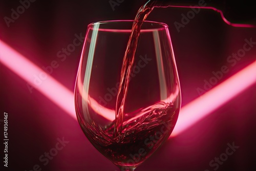 A close-up of a glass of red wine. Studio shot of wine being poured into a glass, illuminated by neon lights.