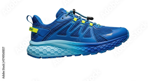 Isolated blue running shoe angled to the right for sport, training, active, or fitness use