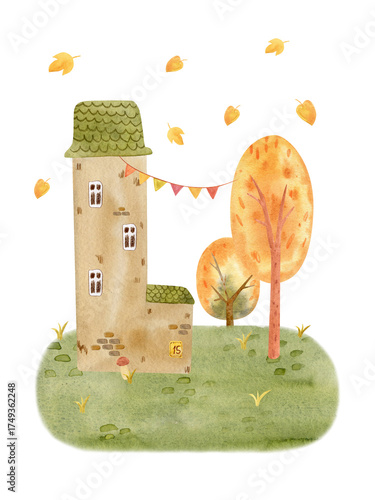 Cute watercolor autumn house surrounded by colorful trees and falling leaves. Cozy fall landscape perfect for seasonal cards, posters, prints, and home decor.