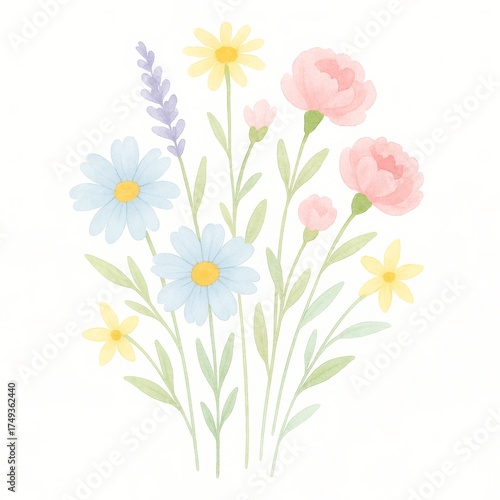 A beautiful watercolor floral bouquet, showcasing a vibrant collection of different flowers. Delicate petals in soft hues and lovely leaves