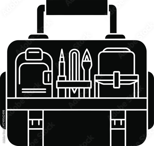 Stylized black and white illustration of an open tool bag filled with various art supplies and brushes