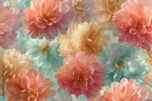 Luxurious pastel dahlia and peony blossoms seamless pattern, dreamy hand-painted floral background in coral, peach, teal and cream for elegant design