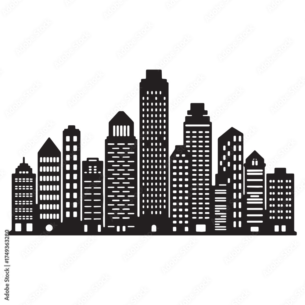 Naklejka premium Cityscape Silhouette A Stunning Panoramic View of a Modern Metropolis Skyline Against a Clean White Background Artwork