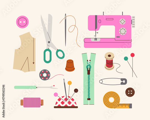 Set of sewing accessories in flat style: sewing machine, scissors, threads, needles, zipper, tape measure, buttons and other needlework tools.